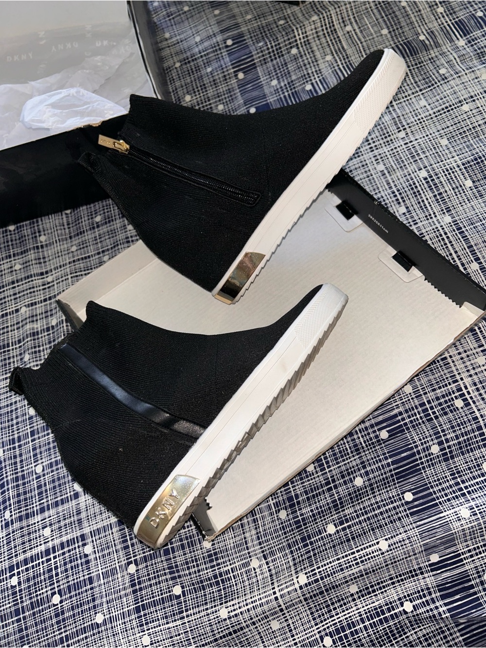 DKNY Black Knit Wedge Sneaker Boot with Gold Accents - Picture 2 of 12